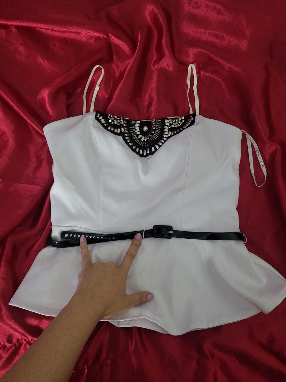 XOXO White Peplum Cami with Beaded Accent